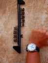 Nearly 40 degrees so late in Mostar - old school temperature thermometer and wrist watch