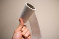 Nearly finished toilet paper roll in hand Royalty Free Stock Photo