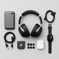 In a neat, grid-like formation, showcasing modern tech essentials for Royalty Free Stock Photo