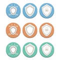 A set of antivirus icons with a shield of blue, brown and green