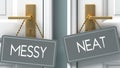 Neat or messy as a choice in life - pictured as words messy, neat on doors to show that messy and neat are different options to