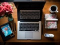 Neat office setup laptop notebook coffee cup