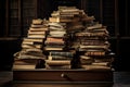 A neat pile of books gracefully assembled on top of a solid wooden box, stack of old books and document files and archives, AI