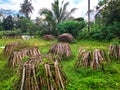 neat pile of wood on tge grass with eyelevel view