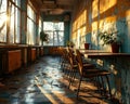 Neat rows of desks and chairs in an empty educational space, educational picture