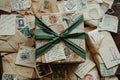 A neat stack of aged letters and envelopes, bound together by a vibrant green ribbon, A gift box covered in handwritten letters