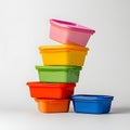 Stack of colorful plastic food containers with lids on white background Royalty Free Stock Photo