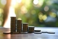 A neat stack of coins sitting on top of a table, A stack of coins creating a staircase showing incremental inflation, AI Generated Royalty Free Stock Photo