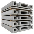 Stack of Grey Concrete U- Shaped Building Beams with Wooden Spacers on White Background concrete beams Royalty Free Stock Photo