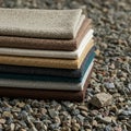 A neat stack of rectangular fabric swatches sits on a bed of small, rounded gravel Royalty Free Stock Photo