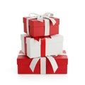 Stack of Three Gift Boxes Red and White with White Ribbons on a White Background Royalty Free Stock Photo