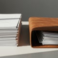 A neat stack of white paper is placed next to an open leather binder on a light-colored Royalty Free Stock Photo