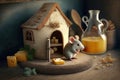 neat and tidy mouse house, with cheese wedge on board and knife nearby