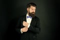 Neat and tidy. Stylist fashion expert. Suit style. Fashion trends for groom. Groom bearded hipster man wear tuxedo and