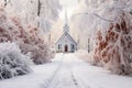 A neat white snow-covered chapel located in the forest, with a trodden path leading to it. On the sides there are lush trees