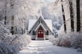 A neat white snow-covered chapel located in the forest, with a trodden path leading to it. On the sides there are lush trees