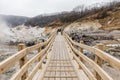 Neat wooden walk way at Noboribetsu Jigokudani Hell Valley: The volcano valley got its name from the sulfuric smell.