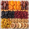 A neatly arranged assortment of dried fruits and nuts on a wooden surface Royalty Free Stock Photo