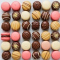 A neatly arranged assortment of macarons and chocolate truffles on a light surface. Royalty Free Stock Photo