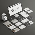 A neatly arranged branding kit includes a desktop computer displaying a logo
