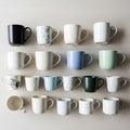 A neatly arranged collection of 18 ceramic mugs displayed in a 4x5 grid on a light wooden surface. Royalty Free Stock Photo