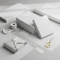 A neatly arranged collection of gift-wrapping materials on a white surface. Includes Royalty Free Stock Photo