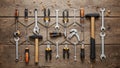 Arranged collection of hand tools on a wooden surface includes Royalty Free Stock Photo