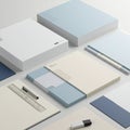 A neatly arranged collection of office supplies on a light surface. Includes stacks of Royalty Free Stock Photo