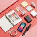 A neatly arranged collection of office and tech accessories on a red Royalty Free Stock Photo