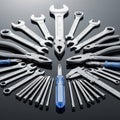 A neatly arranged collection of tools on a reflective surface. The setup includes Royalty Free Stock Photo