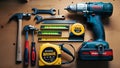A neatly arranged collection of tools on a wooden surface. Includes a hammer with a wooden handle Royalty Free Stock Photo