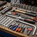 A variety of wrenches, sockets, pliers, screwdrivers, and hex Royalty Free Stock Photo