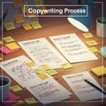 A neatly arranged desk features a structured copywriting process. Various papers Royalty Free Stock Photo