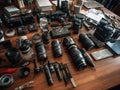 Business tools on table with camera settings Royalty Free Stock Photo