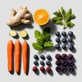 Flat Lay of Fresh Healthy Fruits, Vegetables, and Herbs â Ginger, Orange, Carrot, Mint, Blueberry, Blackberry, Raspberry Royalty Free Stock Photo