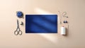 Sewing Tools and Blue Fabric on Beige Background Royalty Free Stock Photo
