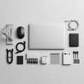 Cables, a laptop stand, a white USB hub, wireless earbuds, a portable power Royalty Free Stock Photo