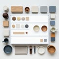 A neatly arranged flat lay of various home decor items and materials. The layout Royalty Free Stock Photo