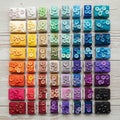 A neatly arranged grid of colored threads and matching buttons on a light wooden Royalty Free Stock Photo