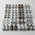 Neatly arranged metallic components include bolts, nuts, and washers on a light gray Royalty Free Stock Photo