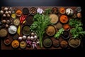 a neatly arranged mise en place with spices and herbs