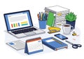 A neatly arranged office desk featuring an open laptop displaying Royalty Free Stock Photo