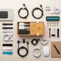 A neatly arranged set of electronic accessories on a light wooden Royalty Free Stock Photo