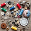 Multicolored thread spools (red, green, blue, yellow), various buttons in Royalty Free Stock Photo