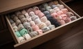 Neatly arranged sock drawer with folded colorful socks Creating using generative AI tools