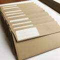 A neatly arranged stack of tan envelopes, each with a white label featuring two blank Royalty Free Stock Photo