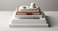 A neatly arranged stack of white rectangular platforms with objects on top, Royalty Free Stock Photo