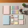 Sizes of sticky notes in soft hues are aligned with copper paper clips Royalty Free Stock Photo