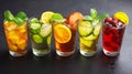 Neatly arranged on a table is a row of assorted cocktails, each one decorated with leaves and a slice of lime Royalty Free Stock Photo