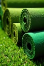Neatly arranged turf rolls ready for installation, preparation, green Royalty Free Stock Photo
